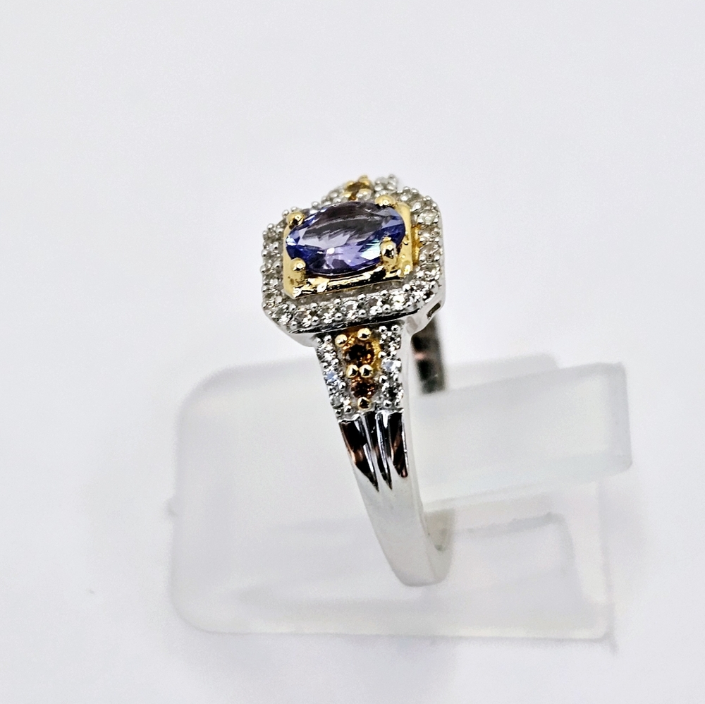 Genuine Tanzanite, Champagne & White Zircon Platinum Sterling Silver Sz 7 - Picture 7 of 10